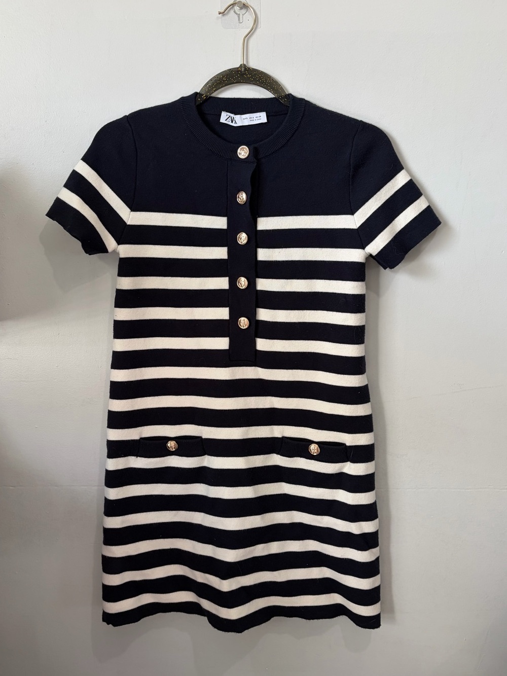 ZARA Striped Knit Mini Dress with Gold Anchor Buttons - Size S